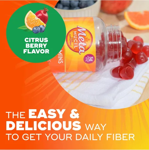 Vista 6 de Metamucil Gomitas de Fibra para Adultos con Vitaminas C, D, B12 para el Metabolismo, Sin Azúcar Añadida Sabor Cítrico y Baya, 5g de Mezcla