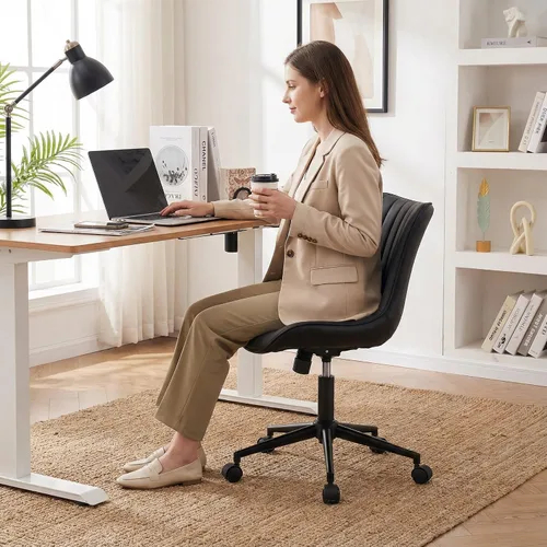 Vista 8 de YOUNIKE Silla de escritorio compacta negra para oficina en casa con ruedas, silla de tocador linda sin brazos cómoda con respaldo basculante