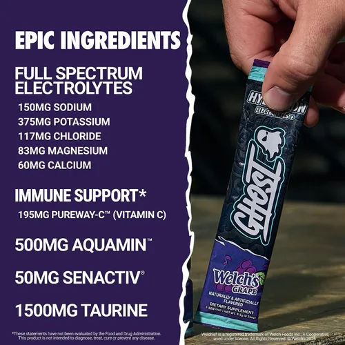 Vista 3 de GHOST Welch's Grape - Barras de hidratación, paquetes de polvo de electrolitos, mezcla instantánea de 24 bebidas sin azúcar, hidratación diaria sin
