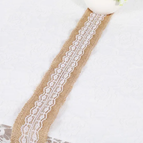 Vista 4 de Rollo de cinta de yute natural con encaje blanco para boda, fiesta, evento, decoración del hogar (tamaño: #6)