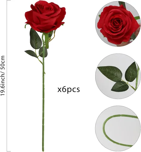 Vista 2 de IPOPU 6 rosas artificiales de seda de color rojo profundo con hojas falsas de tallo largo, rosas artificiales de tallo largo adecuadas para bodas