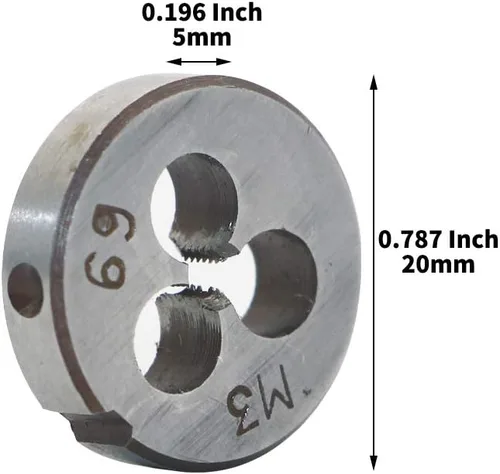 Vista 4 de HSS 0.118 in X 0.5 Mano derecha métrica redonda muere, rosca de máquina muere paso M3 X 0.020 in para el mecanizado de moldes, acero de aleación