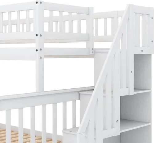 Vista 7 de Literas de tamaño individual sobre matrimonial, diseño de madera que ahorra espacio, litera con barandilla de almacenamiento y protección