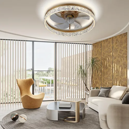 Vista 6 de FRIXCHUR Ventilador de techo de cristal dorado con luz y control remoto, lámpara de araña de 20 pulgadas 1-dorado
