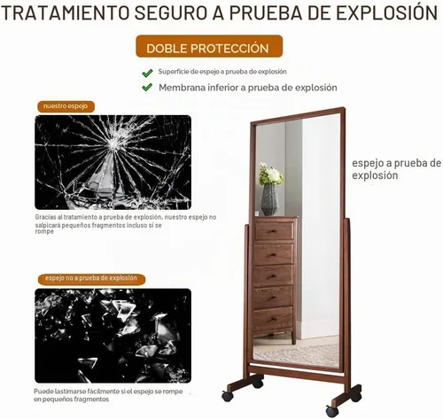 Vista 4 de Espejo giratorio de longitud completa sobre ruedas de 65 x 22 pulgadas, marco de madera Cheval, espejo de piso para vestirse, cuerpo completo