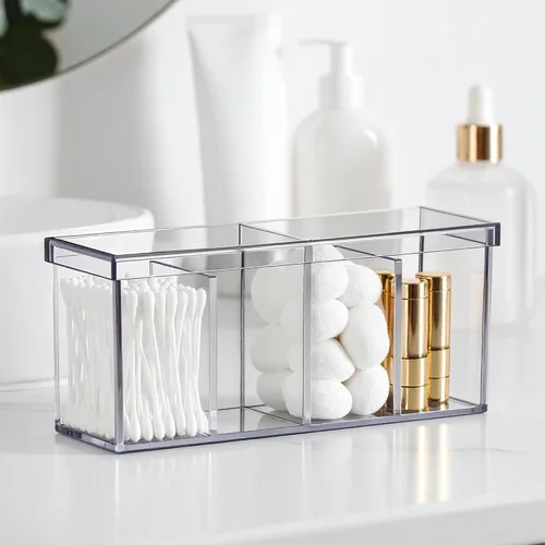 Vista 4 de Amazing Abby - Qutie - Organizador de maquillaje acrílico de 4 compartimentos con tapa, organizador de tocador de baño de plástico transparente
