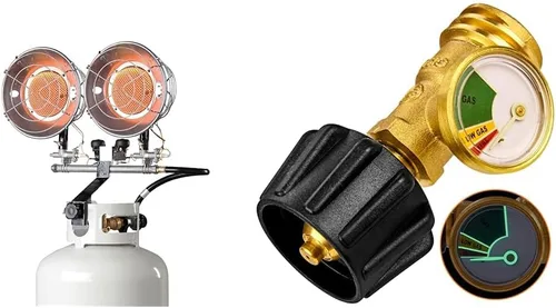 Vista 4 de Mr. Heater, MHS30T - Calentador de propano para exteriores de doble tanque (F216600) y Flame King YSN-301 Cilindro de tanque de propano de acero