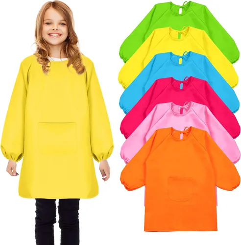Vista 8 de Geyoga Delantal de manga larga impermeable para niños, con bolsillo, para clase escolar, de 3 a 8 años