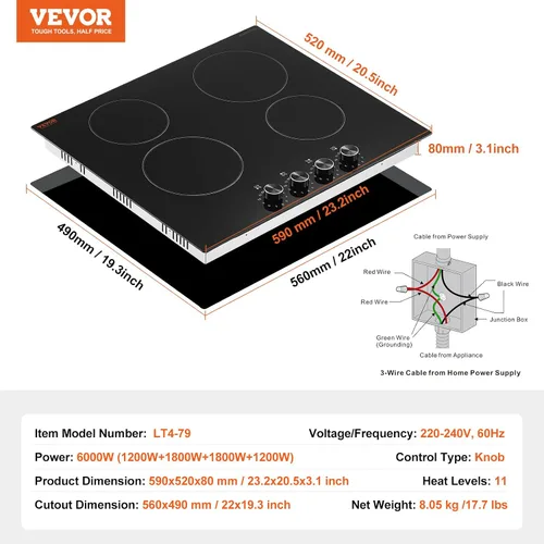 Vista 2 de VEVOR Placa de cocina eléctrica de cerámica, estufa eléctrica empotrada, con panel de vidrio, control de perilla, 11 niveles de calor, para diversos