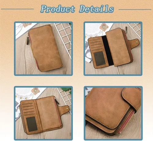 Vista 3 de DTSFHTDAL Billetera para mujer, monedero esmerilado para mujer, multifuncional, larga, tarjetero, bolsa de viaje con cartera larga, Marrón, Vintage