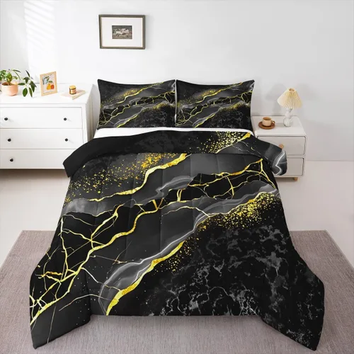 Vista 9 de Juego de edredón de mármol negro individual, ropa de cama dorada agrietada para adultos, hombres y mujeres, juegos de edredón de textura metálica