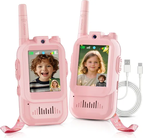 Vista 14 de Walkie Talkie para niños con video: paquete de 2 juguetes recargables para niños pequeños con cámara HD y cambiador de voz, juguetes de regalo