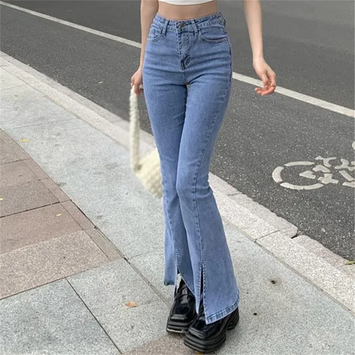 Vista 5 de ygqzm Pantalones de mezclilla elásticos azules para mujer, de pierna ancha, cintura alta, con abertura, elásticos, acampanados, color azul, talla XL
