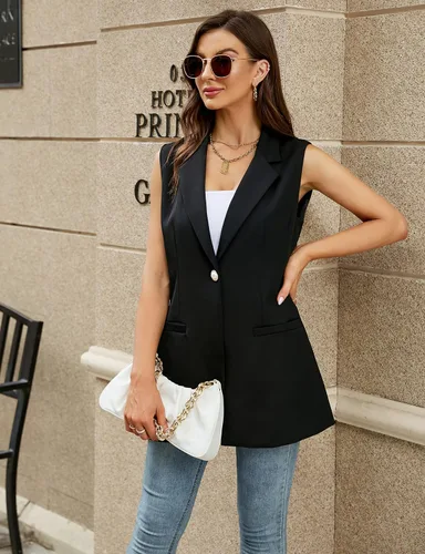 Vista 6 de Kedera Chaleco largo sin mangas para mujer chaqueta casual de oficina con solapa