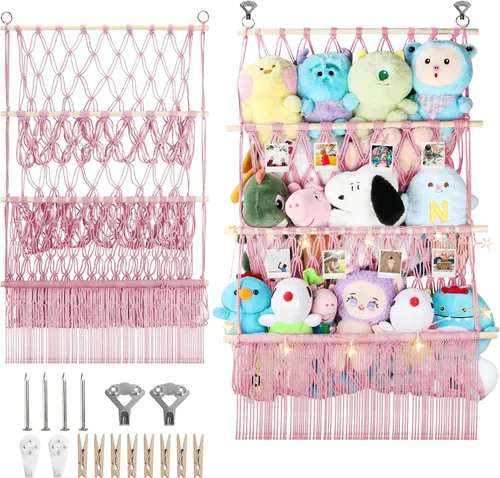 Vista 11 de Red de almacenamiento de animales de peluche de 2 niveles, 17 x 32 pulgadas, organizador grande de animales de peluche para pequeños rellenos