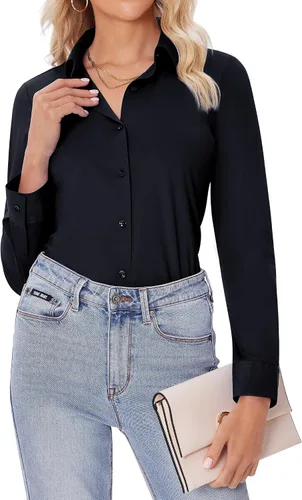 Vista 8 de siliteelon Camisas con botones para mujer, ajustadas, de manga larga, elásticas, de vestir, camisas de trabajo, sin arrugas, blusas de oficina