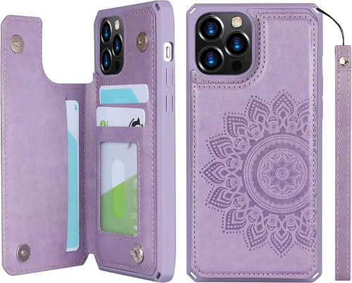 Vista 12 de iCoverCase Compatible con iPhone 12/12 Pro Wallet Funda para teléfono con tarjetero para mujer, bloqueo RFID en relieve de piel sintética con correa
