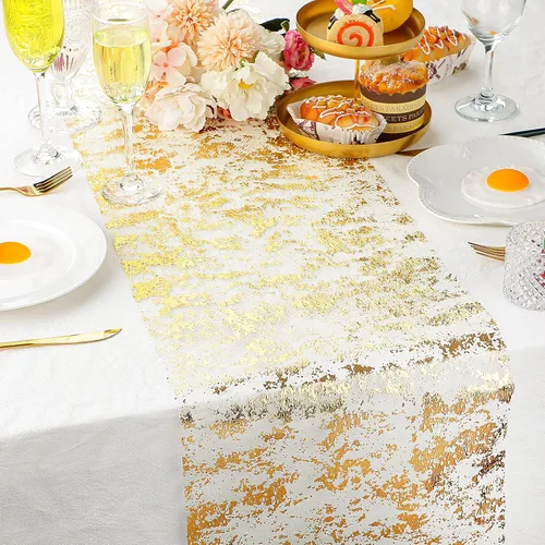 Vista 4 de Tatuo 3 piezas de camino de mesa dorado de malla fina metálica para decoración de bodas, manteles rectangulares de lentejuelas con purpurina dorada
