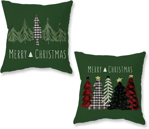 Vista 20 de ONWAY Juego de 2 fundas de almohada de Navidad de 16 x 16 pulgadas, fundas de almohada de Navidad de búfalo rojo a cuadros, color negro y verde Beige