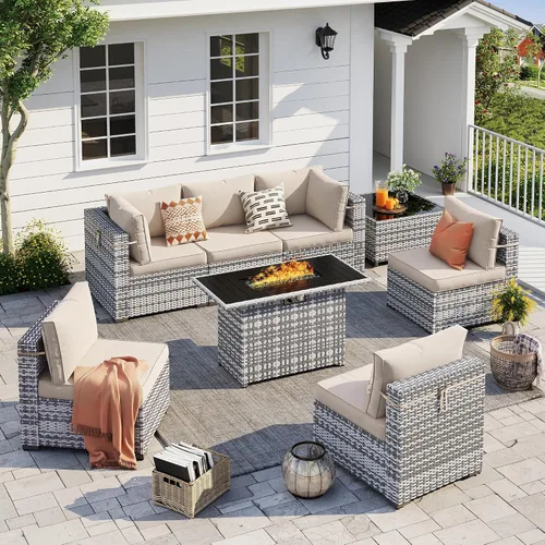 Vista 11 de UDPATIO Juego de muebles de patio al aire libre, sofá seccional modular de 7 piezas con mesa de té, juego de conversación al aire libre de mimbre PE