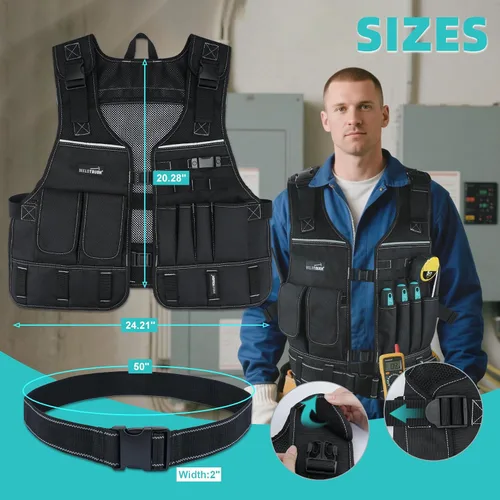 Vista 3 de MELOTOUGH Chaleco de herramientas para hombre con bolsillos y cinturón, chaleco de seguridad ajustable de múltiples bolsillos para electricista