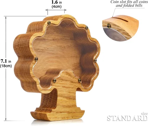 Vista 2 de Marco de caja de dinero de árbol bonsái de madera para adultos, niños, niñas, niños, regalos Montessori de madera, personalizable, banco de monedas