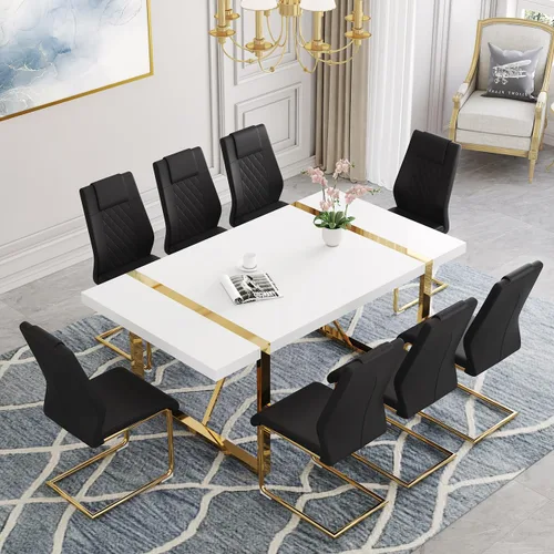 Vista 11 de Juego de mesa de comedor moderna de 55 pulgadas para 4, mesa de comedor negra y marco de metal dorado, mesa de comedor rectangular con 4 sillas