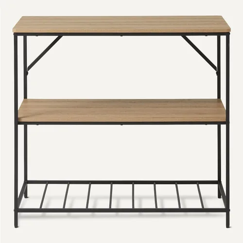 Vista 5 de Amazon Basics Isla de cocina con 3 estantes de almacenamiento, efecto negro y roble, superficie de melamina, pies ajustables