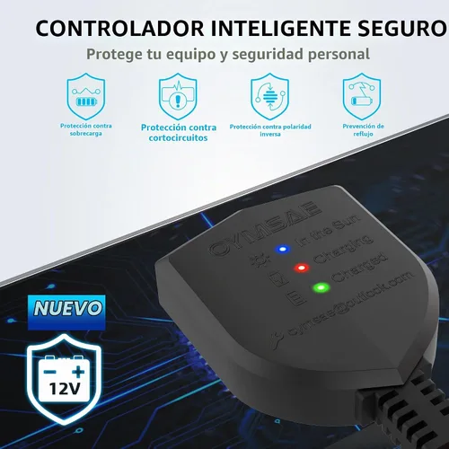 Vista 2 de OYMSAE-Cargador de batería con panel solar de 20 W/12 V, portátil, impermeable, carga por goteo + Mantenedor p/auto/embarcación/casa rodante