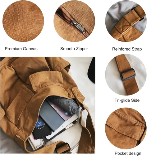 Vista 2 de Bolso mensajero de lona grande, bolso cruzado tipo hobo para mujeres y hombres, bolsa de hombro con múltiples bolsillos, bolsa de mensajero de lona