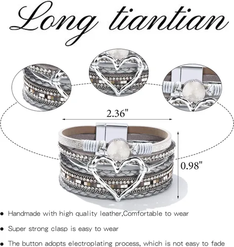 Vista 5 de Long tiantian Pulseras de cuero para mujer, pulseras apilables