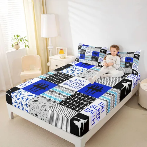 Vista 24 de Sábana bajera ajustable de ballet para niñas, juego de ropa de cama de ballet para danza de ballet, sábanas de cama con rayas geométricas onduladas