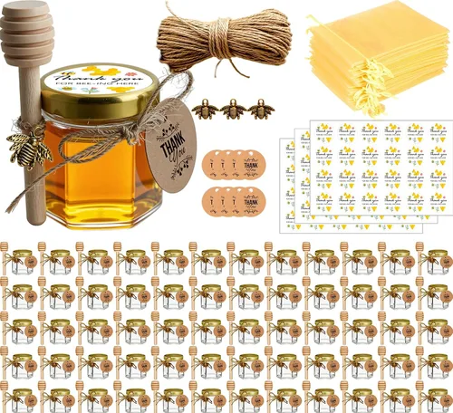 Vista 8 de Adabocute Mini tarros de miel – Tarro hexagonal de miel de vidrio con tapas doradas, cubos de madera, abalorios de abeja y yutes – Pequeños tarros