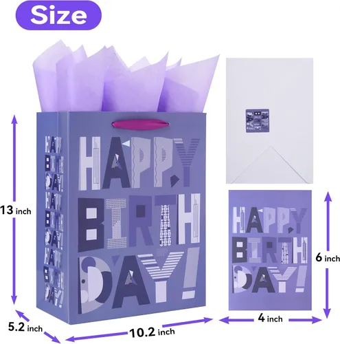 Vista 2 de Juego de bolsas de regalo moradas grandes de 13 pulgadas con tarjeta de felicitación y papel de seda lavanda (feliz cumpleaños de dibujos animados)