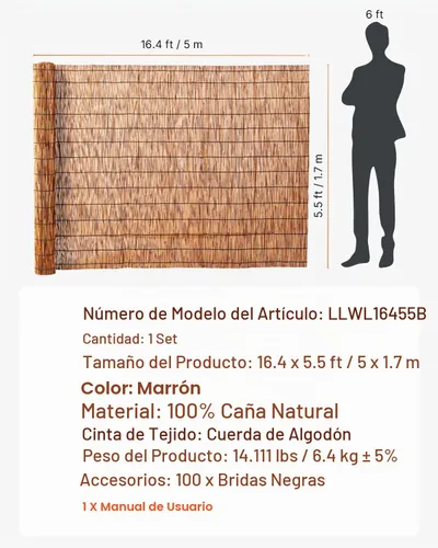 Vista 6 de VEVOR Rollo de Valla de Caña, 5.5x16.4 Pies de Cortina de Caña Natural, Panel de Privacidad de Bambú, Bloqueador de Sol, Valla Decorativa