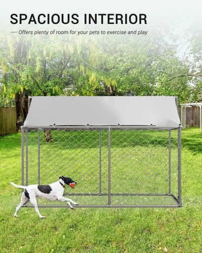 Vista 6 de Perrera grande para perros al aire libre, recinto de acero galvanizado resistente con cubierta impermeable resistente a los rayos UV, cadena