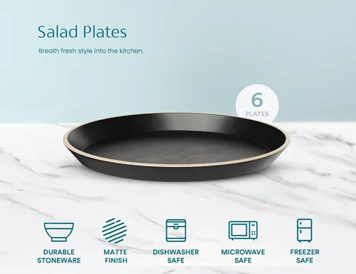 Vista 3 de KooK Platos de ensalada, platos redondos de cerámica para aperitivos y postres, aptos para lavavajillas y microondas, gres, borde alto, 8.5