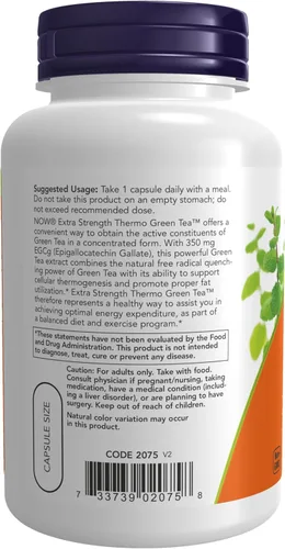 Vista 3 de NOW Suplementos, Thermo Green Tea™, Extra Strength, con 700 mg de té verde y 350 mg de EGCg, 90 cápsulas vegetales