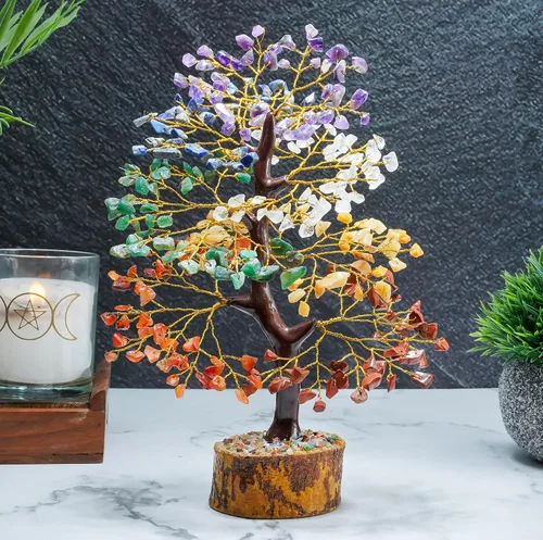 Vista 2 de Árbol de la vida de los 7 chakras, árbol de cristal para energía positiva, árbol de piedras preciosas hecho a mano, decoración de Feng Shui, árbol
