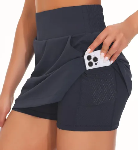 Vista 5 de THE GYM PEOPLE Falda pantalón de golf para mujer, de cintura alta, ligera, atlética, casual, pantalones cortos integrados con 4 bolsillos