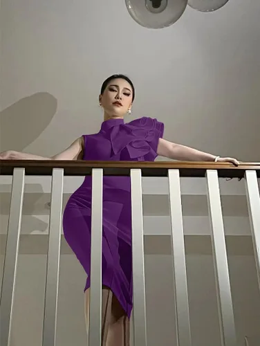 Vista 5 de XXTAXN - Vestido de cóctel entallado, formal, sin mangas y con volados para mujer, vestido de tubo por debajo de la rodilla