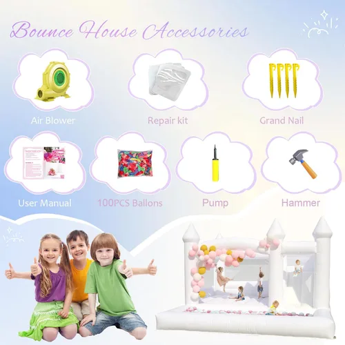 Vista 6 de Casa de rebote blanca comercial de 13 pies con pozo de bolas y tobogán, casa inflable 100% PVC para adultos y niños, casa de rebote para adultos