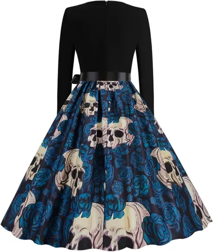 Vista 4 de Vestido de Halloween para mujer 2022 estampado de moda manga larga cuello cuadrado casual dobladillo