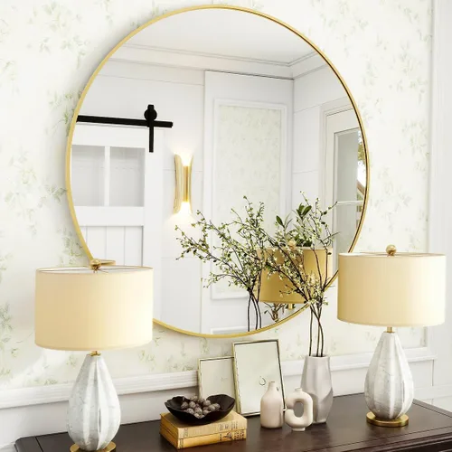 Vista 7 de VooBang Gold Round Bathroom Mirror 24", Thin Metal Frame Wall Mirror Dorado