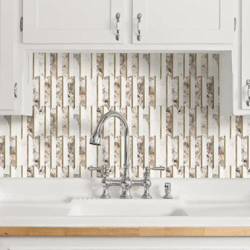 Vista 2 de 10 hojas de escamas de pescado para despegar y pegar para azulejos de pared de cocina, 12 pulgadas, mármol marrón, mezcla de metal dorado, azulejos