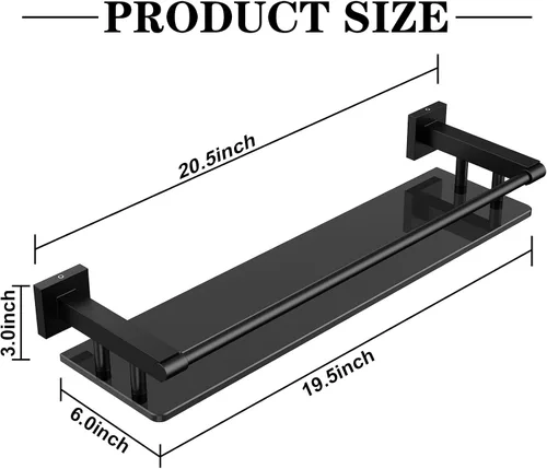 Vista 2 de Estante de vidrio para baño, estantes de baño de 20 pulgadas con toallero, estantes de vidrio templado con toallero de acero inoxidable para estante
