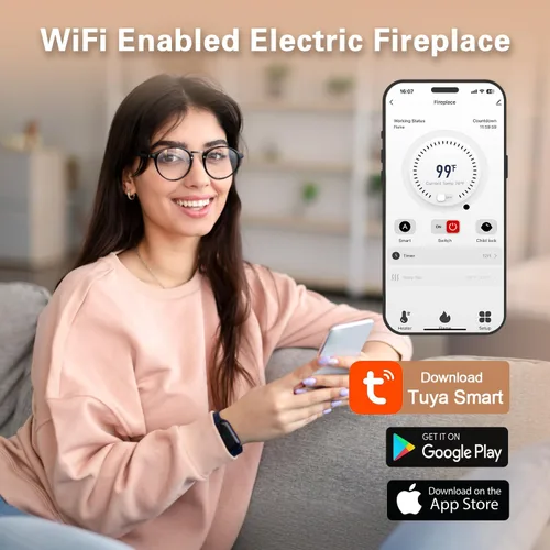 Vista 2 de Cheerway Chimenea eléctrica inteligente WiFi de 42 pulgadas, calentador eléctrico empotrado y montado en la pared con sonido crepitante y llama