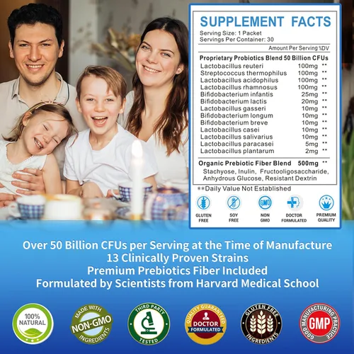 Vista 2 de Probióticos para mujeres, hombres y niños, prebióticos y probióticos en polvo para la salud intestinal digestiva e inmunológica, apoyan el sistema