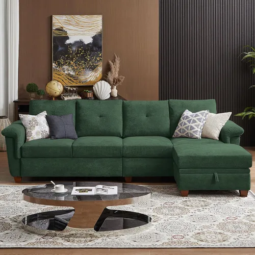 Vista 11 de Sofá Seccional Convertible con Almacenamiento, Sofá en Forma de L de 4 Asientos con Chaise y Portavasos, Sofás Modernos de Tela de Microfibra