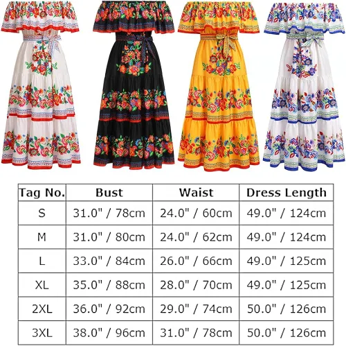 Vista 6 de Vestido mexicano para mujer, estampado floral, tradicional, étnico, hombros descubiertos, playa, vacaciones, fiesta, vestidos largos